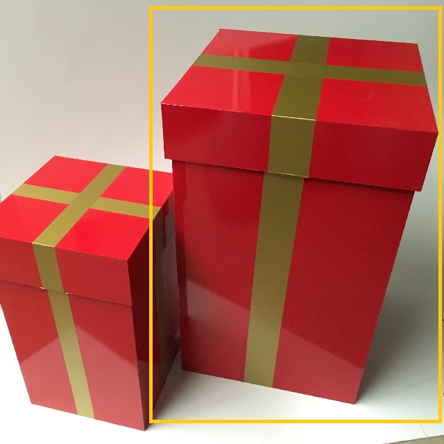 BOX, Red Wooden Gift Box w Lid - Red Vinyl Wrap w Gold Band 50cmH
